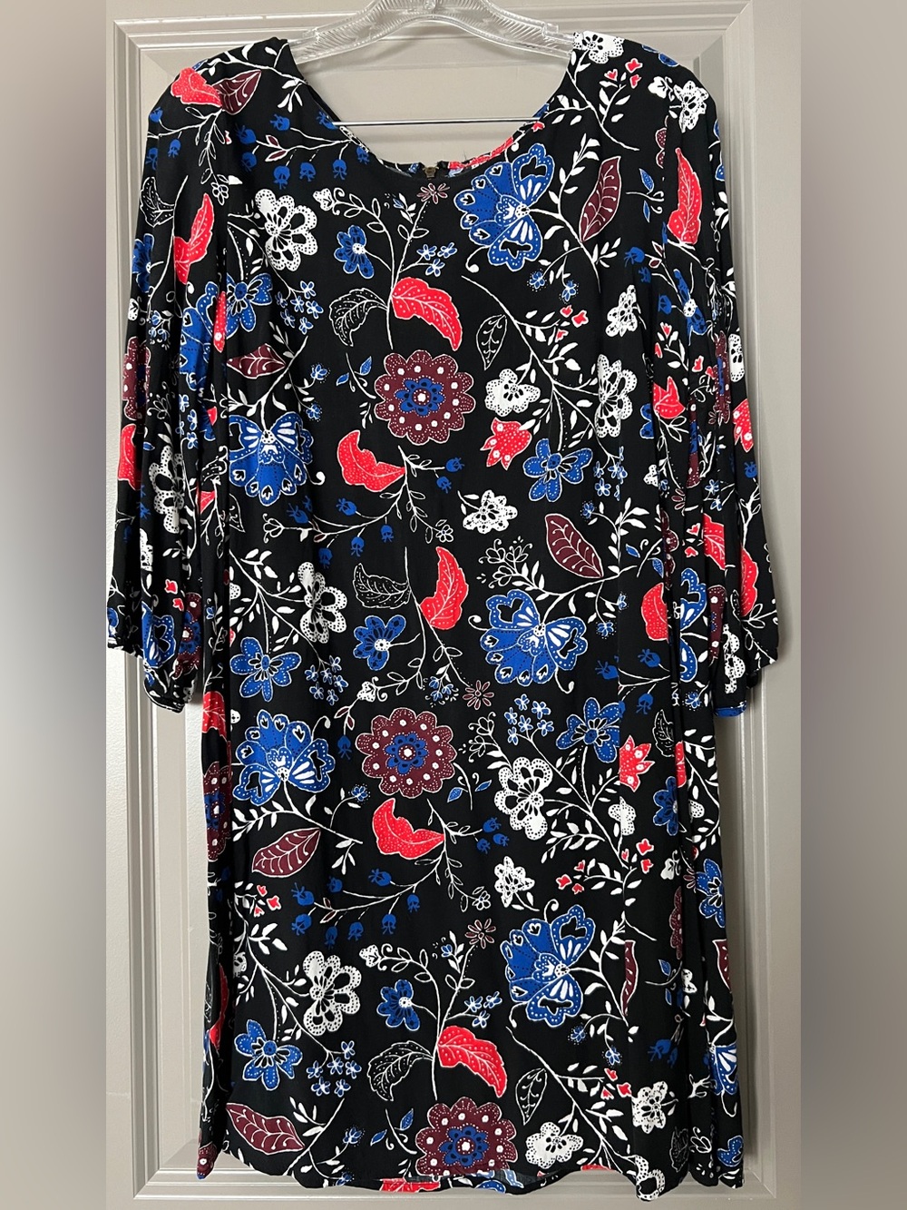 Old Navy Black Floral Midi Dress with Blue, Red, Burgundy and White Print